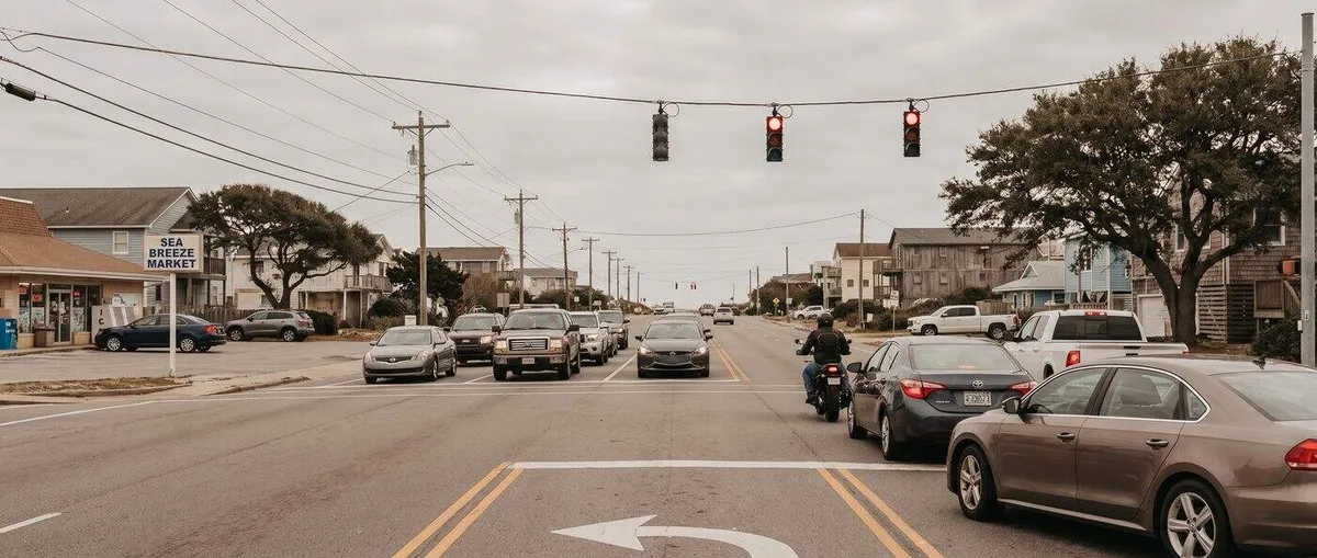 Motorcyclist and cars waiting at a red light on a small coastal-town intersection