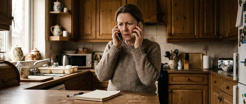 Woman in her kitchen on the phone with a notepad and pen on the counter, cautious expression