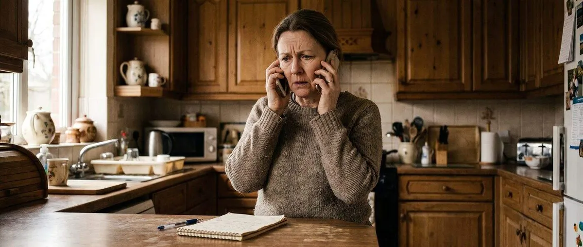 Woman in her kitchen on the phone with a notepad and pen on the counter, cautious expression