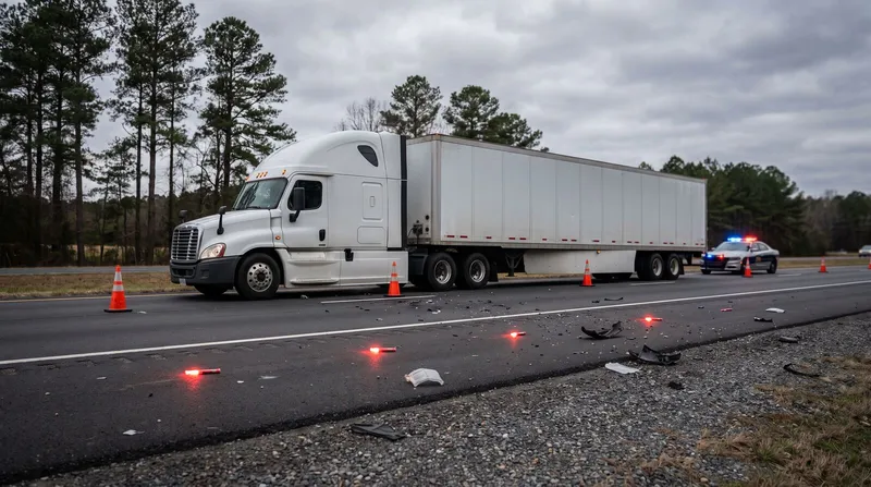 White tractor-trailer with a plain trailer stopped on a pine-lined four-lane highway under an overcast sky, with orange cones, red road flares, and scattered crash debris on the asphalt and a highway patrol car with flashing lights parked behind it