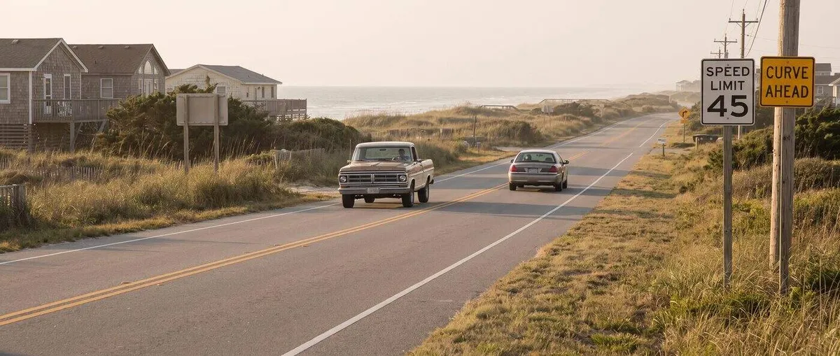 Two-lane coastal road with a truck and car passing speed-limit and curve-ahead signs