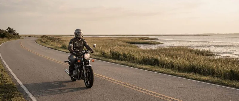 Helmeted motorcyclist riding a calm coastal road beside marsh grass at golden hour