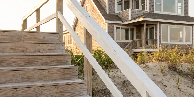 Wooden exterior stairway and handrail leading up to a North Carolina rental home