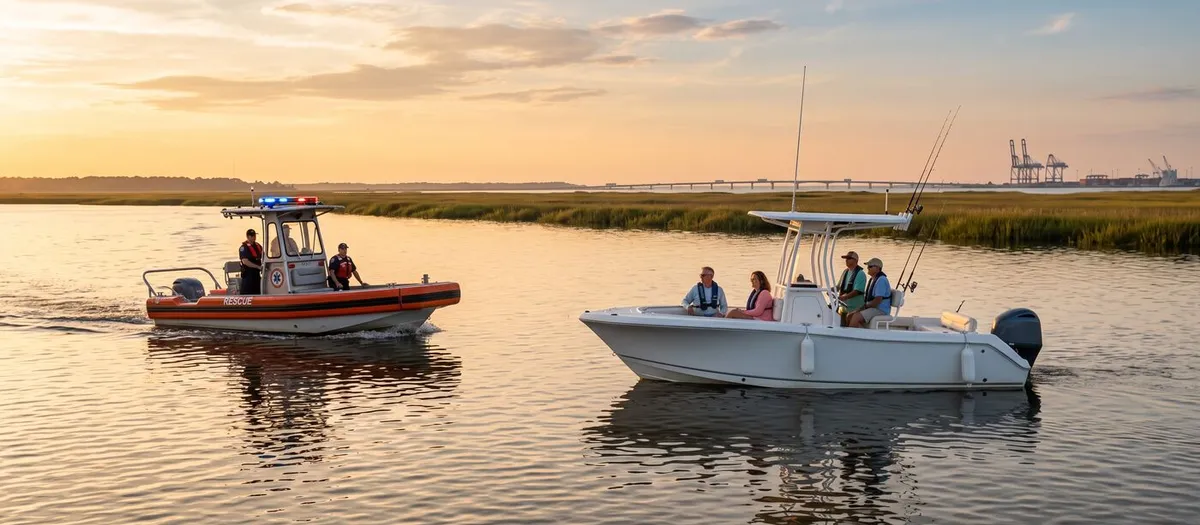 A rescue patrol boat with blue lights approaches a white center-console fishing boat carrying four people in life jackets on a wide coastal river at sunset, with marsh grass, a long bridge, and port cranes on the horizon