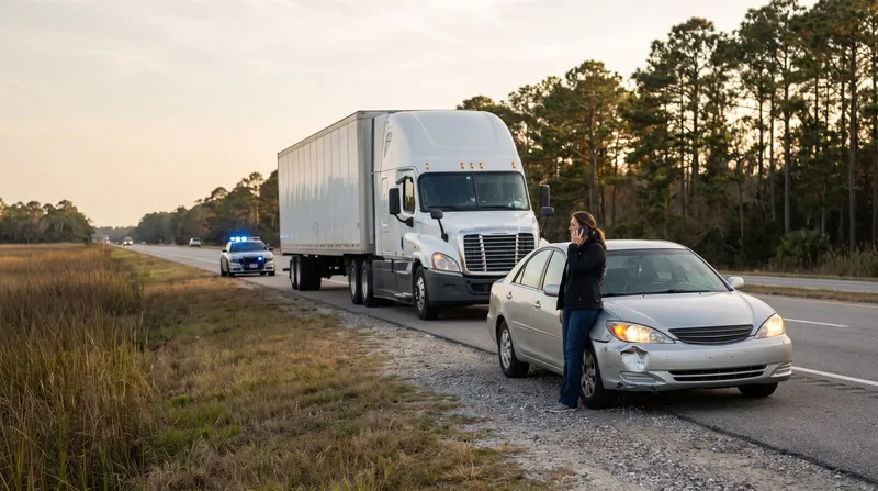 White semi-truck with an unmarked trailer stopped on the shoulder of a pine-lined coastal highway at dusk, behind a silver sedan with a dented front bumper, while a woman on a phone leans against the car and a patrol car with blue lights waits farther back