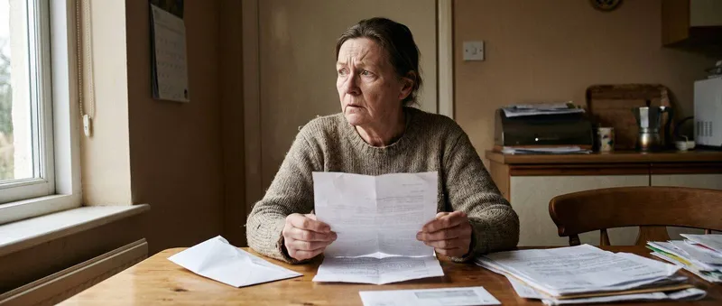 Woman at her kitchen table reading an opened letter with a concerned expression