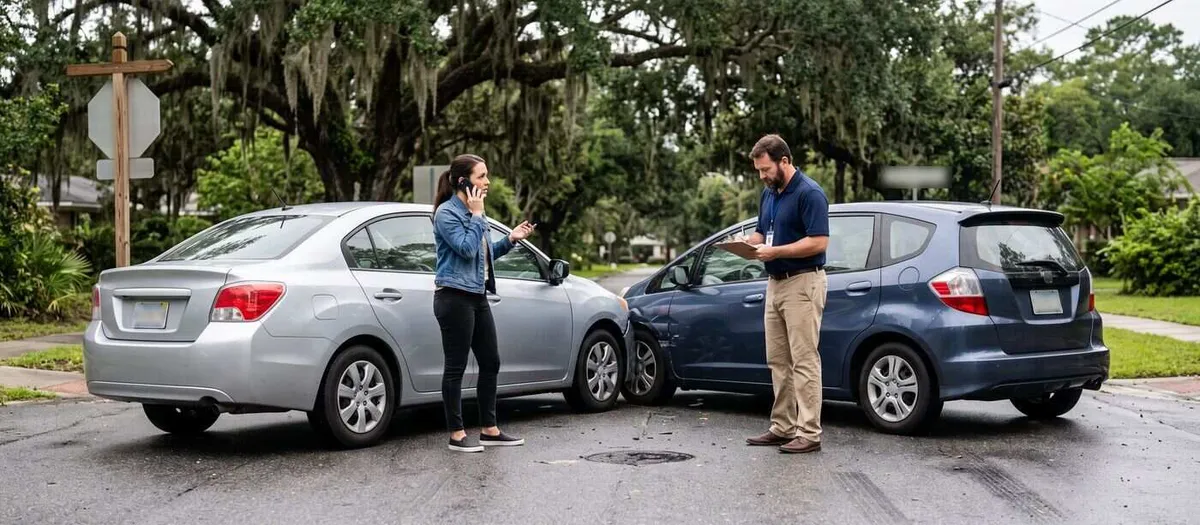 Two cars stopped at an angle after a collision at a tree-lined intersection, with one driver on her phone while an insurance adjuster writes notes on a clipboard