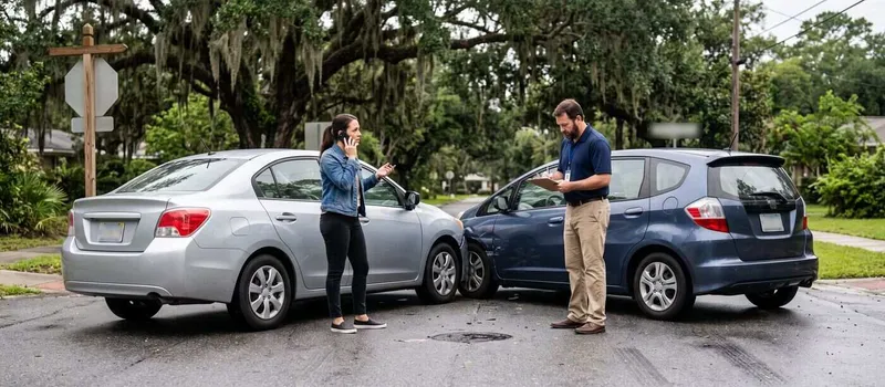 Two cars stopped at an angle after a collision at a tree-lined intersection, with one driver on her phone while an insurance adjuster writes notes on a clipboard
