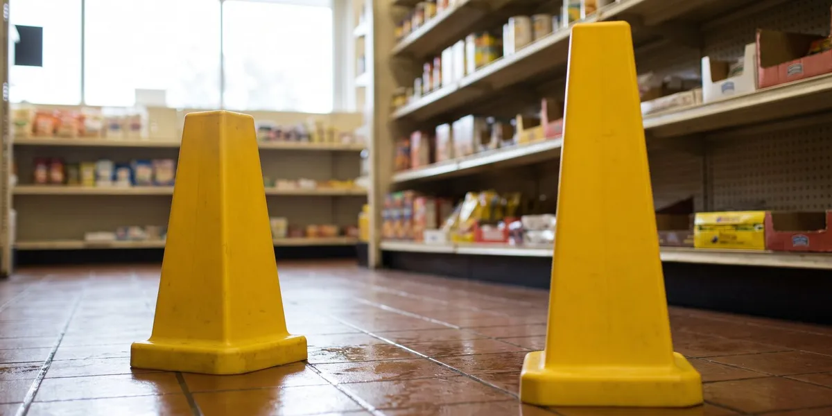 Yellow floor-safety caution cones standing on a wet tile floor in a grocery store aisle