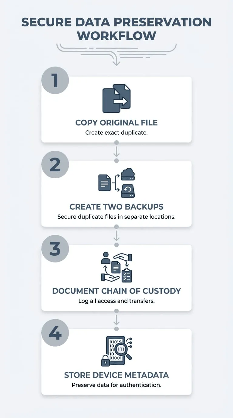 Secure data preservation workflow in four numbered steps: copy the original file, create two backups in separate locations, document the chain of custody by logging all access and transfers, and store the device metadata for authentication