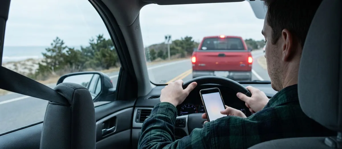 View from the back seat of a car on a coastal road as the driver looks down at a smartphone held against the steering wheel while a red pickup truck brakes ahead