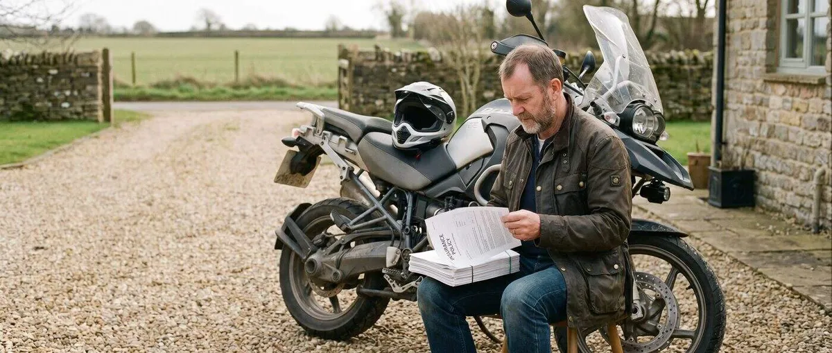 Motorcyclist reviewing a printed insurance policy on a gravel driveway beside his parked touring motorcycle