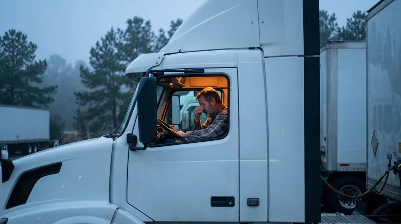 Tired truck driver in a plaid shirt rubbing his eyes behind the wheel of a white semi-truck cab at a foggy truck stop at dawn, with pine trees and parked trailers in the background