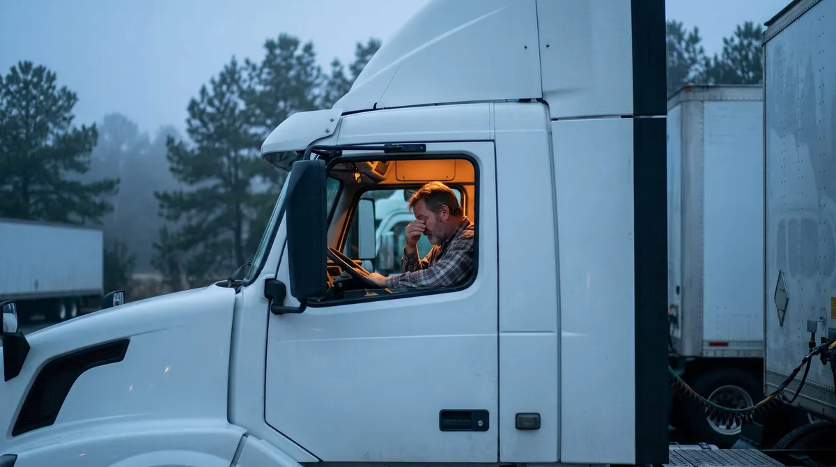Tired truck driver in a plaid shirt rubbing his eyes behind the wheel of a white semi-truck cab at a foggy truck stop at dawn, with pine trees and parked trailers in the background