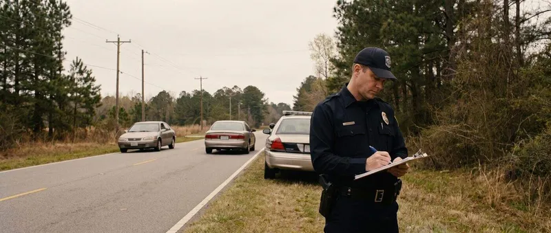 Police officer writing on a clipboard roadside near two parked cars on a rural NC road