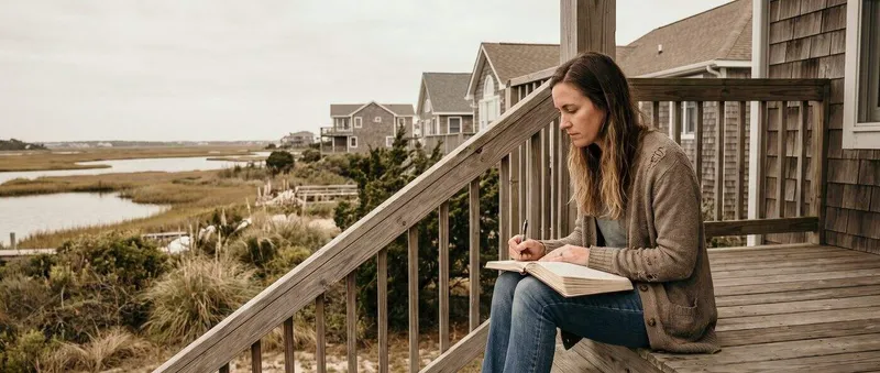 Woman sitting on a coastal-home porch writing thoughtfully in a journal