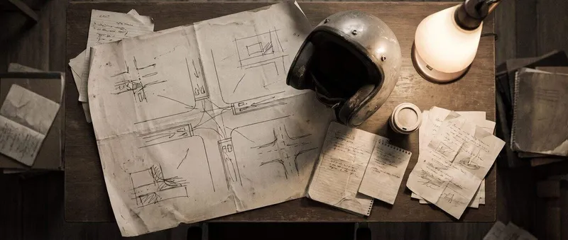 Overhead view of a hand-drawn intersection diagram and motorcycle helmet on a desk