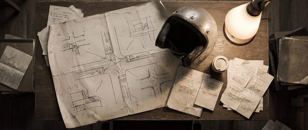 Overhead view of a hand-drawn intersection diagram and motorcycle helmet on a desk