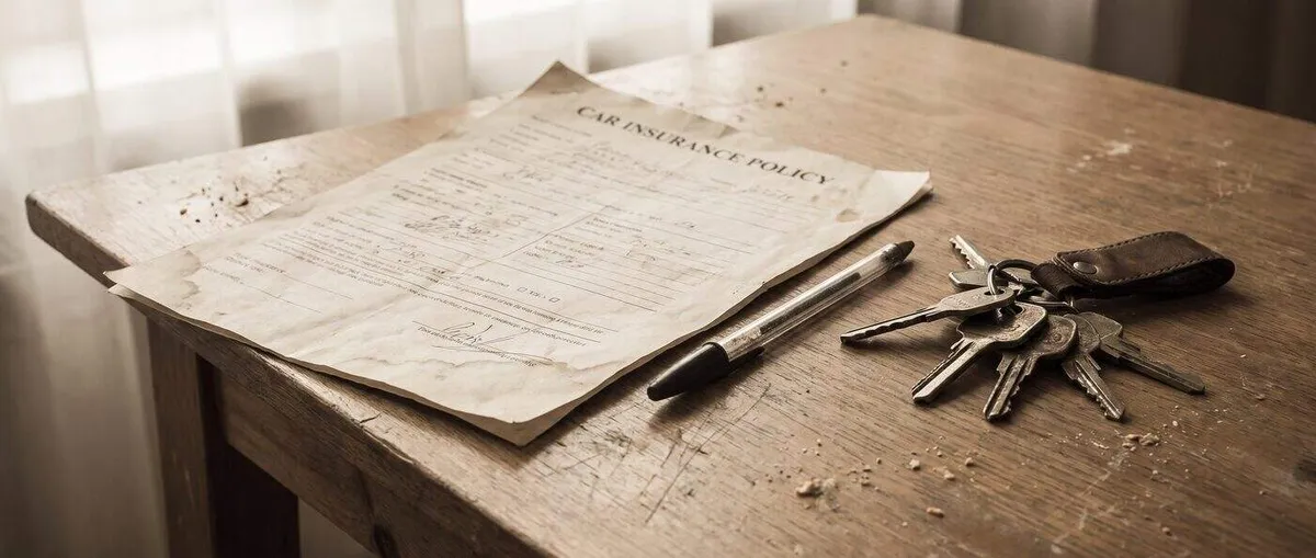 Car insurance policy document, pen, and keys arranged on a wooden desk