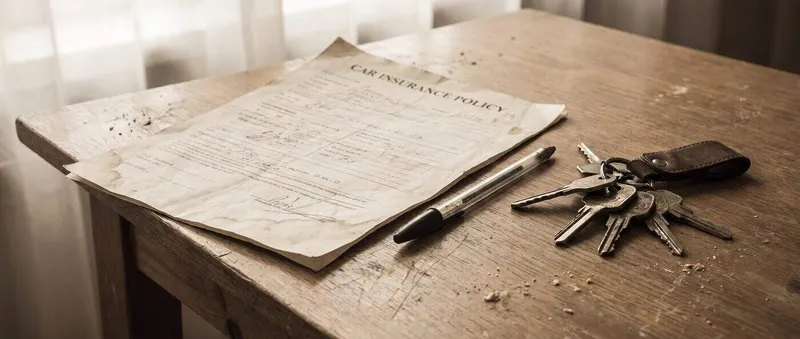 Car insurance policy document, pen, and keys arranged on a wooden desk