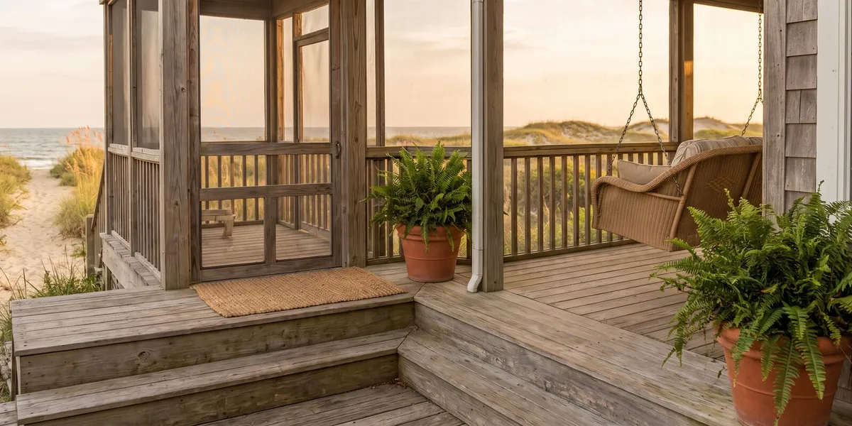 Screened porch entrance and wooden steps at a coastal North Carolina beach house, welcoming visitors toward the dunes and ocean beyond