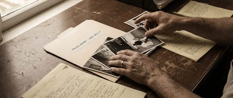 Hands arranging accident photographs and handwritten notes beside a police report folder
