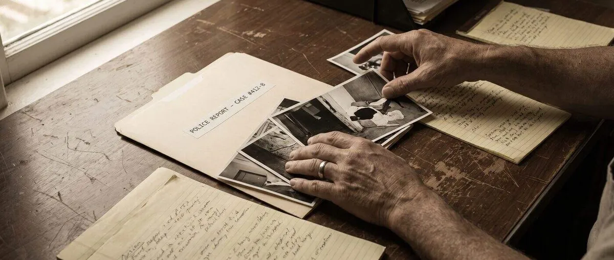 Hands arranging accident photographs and handwritten notes beside a police report folder