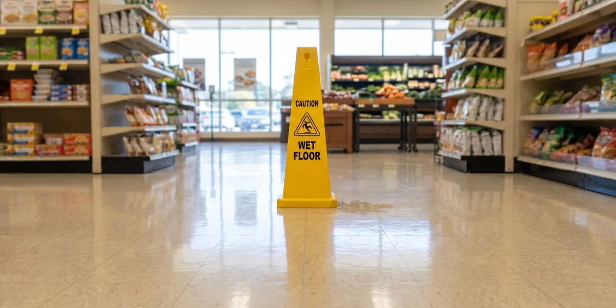 Yellow caution wet floor sign standing in a grocery store aisle near a spill