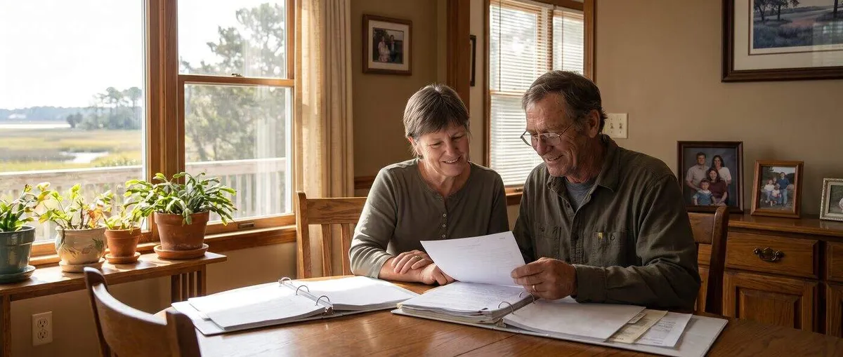 Adult daughter and older father reviewing a care-planning binder together at a sunlit dining table