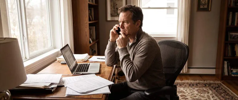 Man at a home office desk on the phone, laptop and papers in front of him, weighing a decision