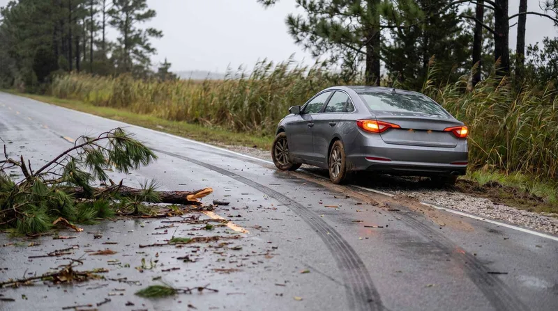 Gray sedan stopped on the shoulder of a wet two-lane coastal North Carolina road beside dark skid marks, a fallen pine branch, and scattered debris in the lane