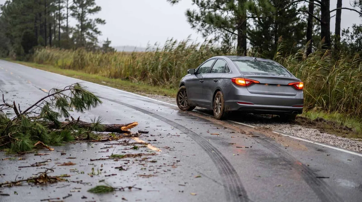 Gray sedan stopped on the shoulder of a wet two-lane coastal North Carolina road beside dark skid marks, a fallen pine branch, and scattered debris in the lane