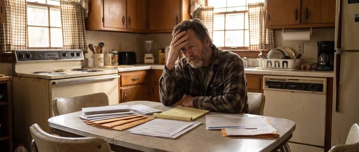 Man at a kitchen table holding his head, surrounded by insurance letters and a legal pad