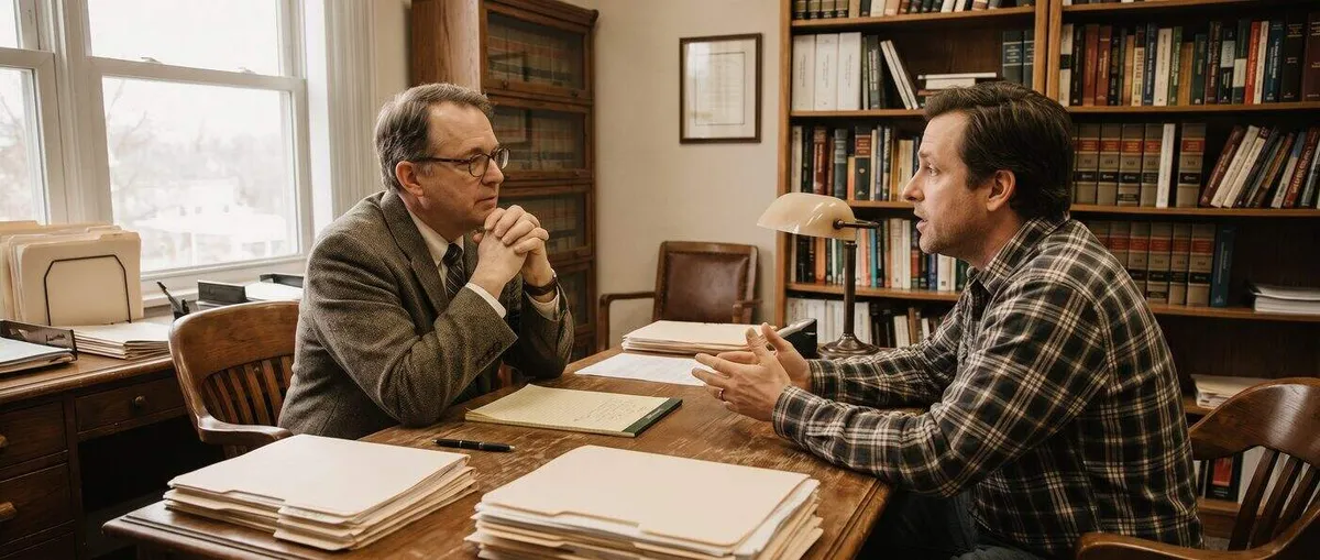 Attorney and client talking across a wooden desk in a book-lined law office
