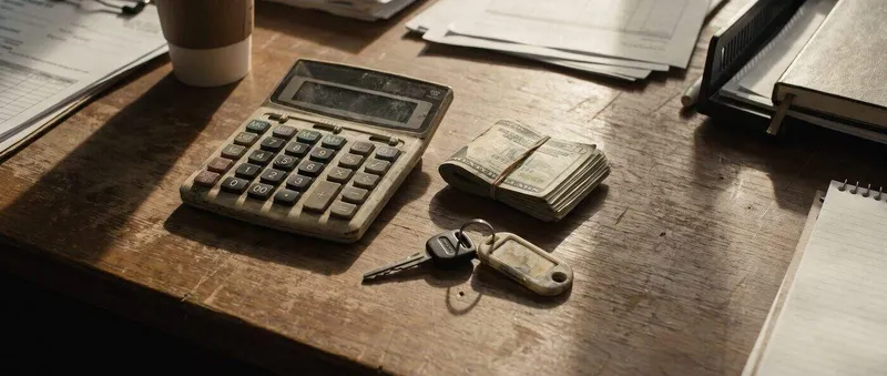 Overhead view of a calculator, cash, and car key on a sunlit wooden desk