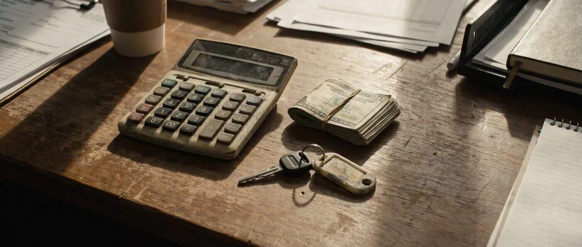 Overhead view of a calculator, cash, and car key on a sunlit wooden desk