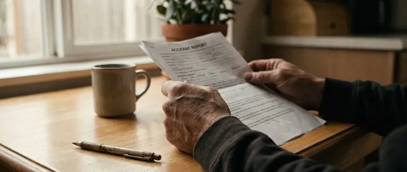 Close-up of weathered hands holding a printed accident report beside a coffee mug