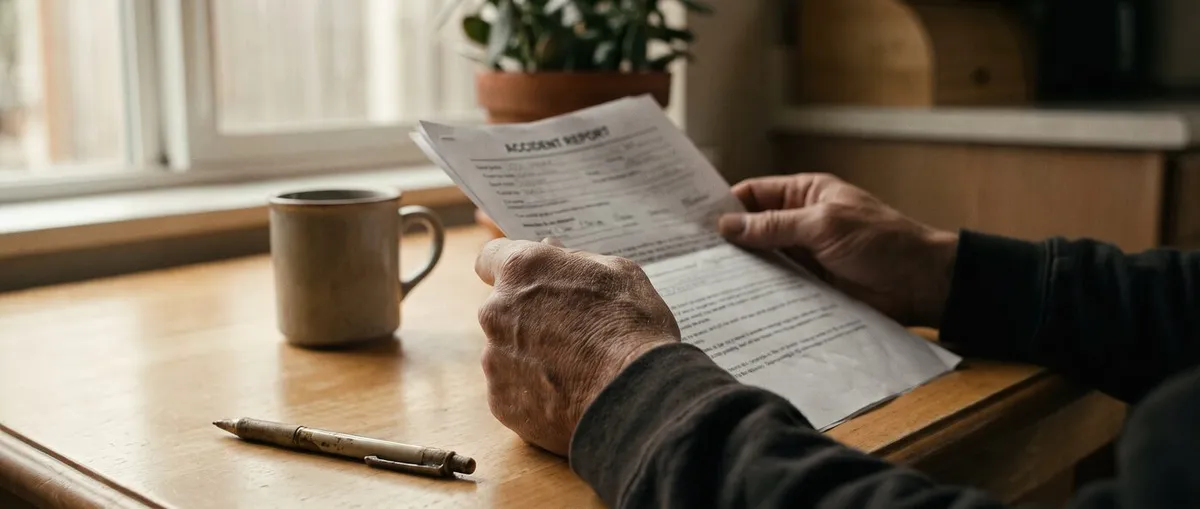 Close-up of weathered hands holding a printed accident report beside a coffee mug