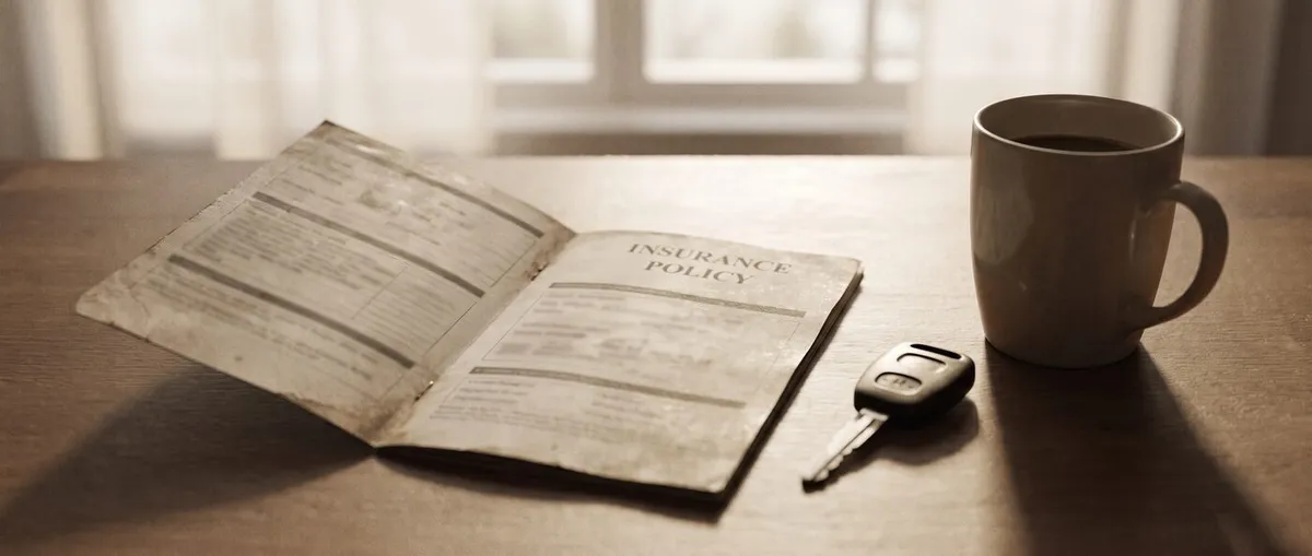 Open auto insurance policy booklet beside a car key and coffee mug on a desk