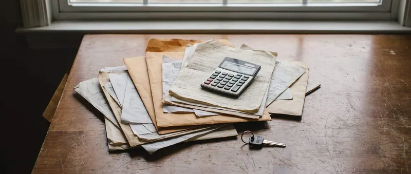 Stack of medical bills and envelopes with a calculator and car key on a table