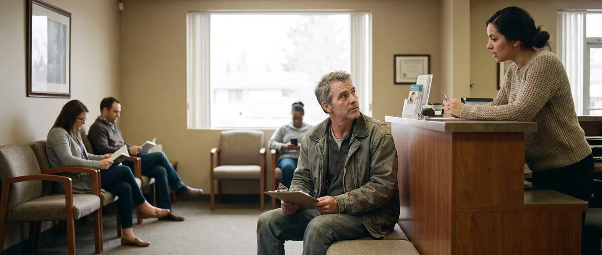 Man checking in at a clinic front desk in a calm waiting room