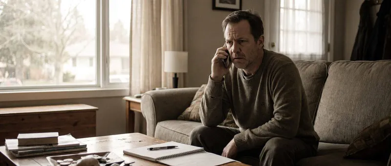 Man sitting on his living-room couch on the phone with a guarded, cautious expression