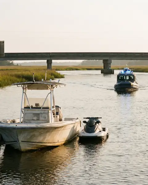 A center-console fishing boat and a jet ski tied to a dock on a marsh-lined stretch of the Intracoastal Waterway near Wilmington, with a patrol boat approaching under a bridge