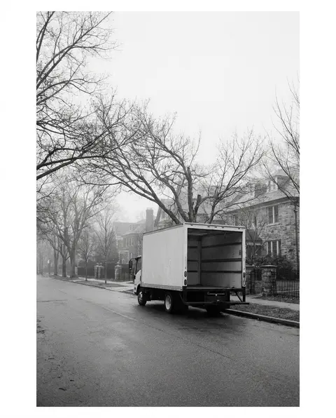 Delivery box truck parked on a residential street