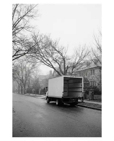 Delivery box truck parked on a residential street
