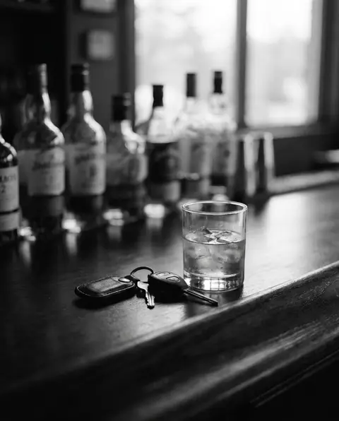 Car keys beside a glass on a dark bar counter at night