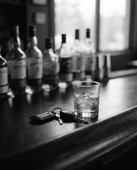 Car keys beside a glass on a dark bar counter at night