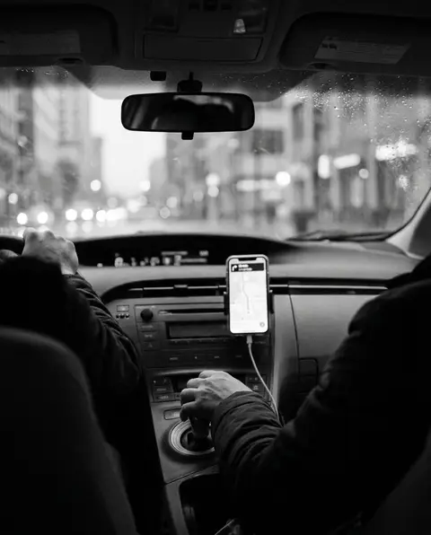 Rideshare car interior at night with a phone showing a passenger pickup