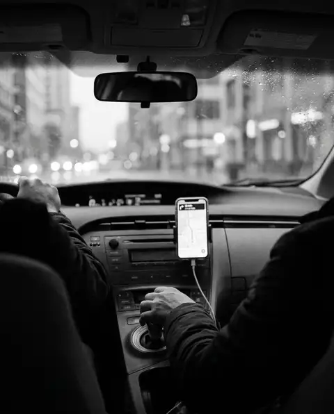 Rideshare car interior at night with a phone showing a passenger pickup
