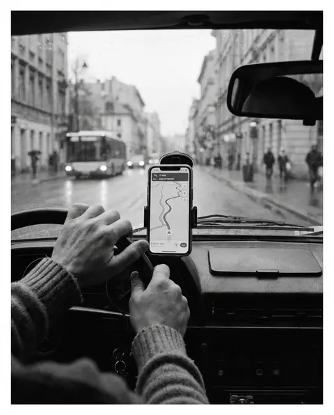 Smartphone showing a navigation map mounted on a car dashboard